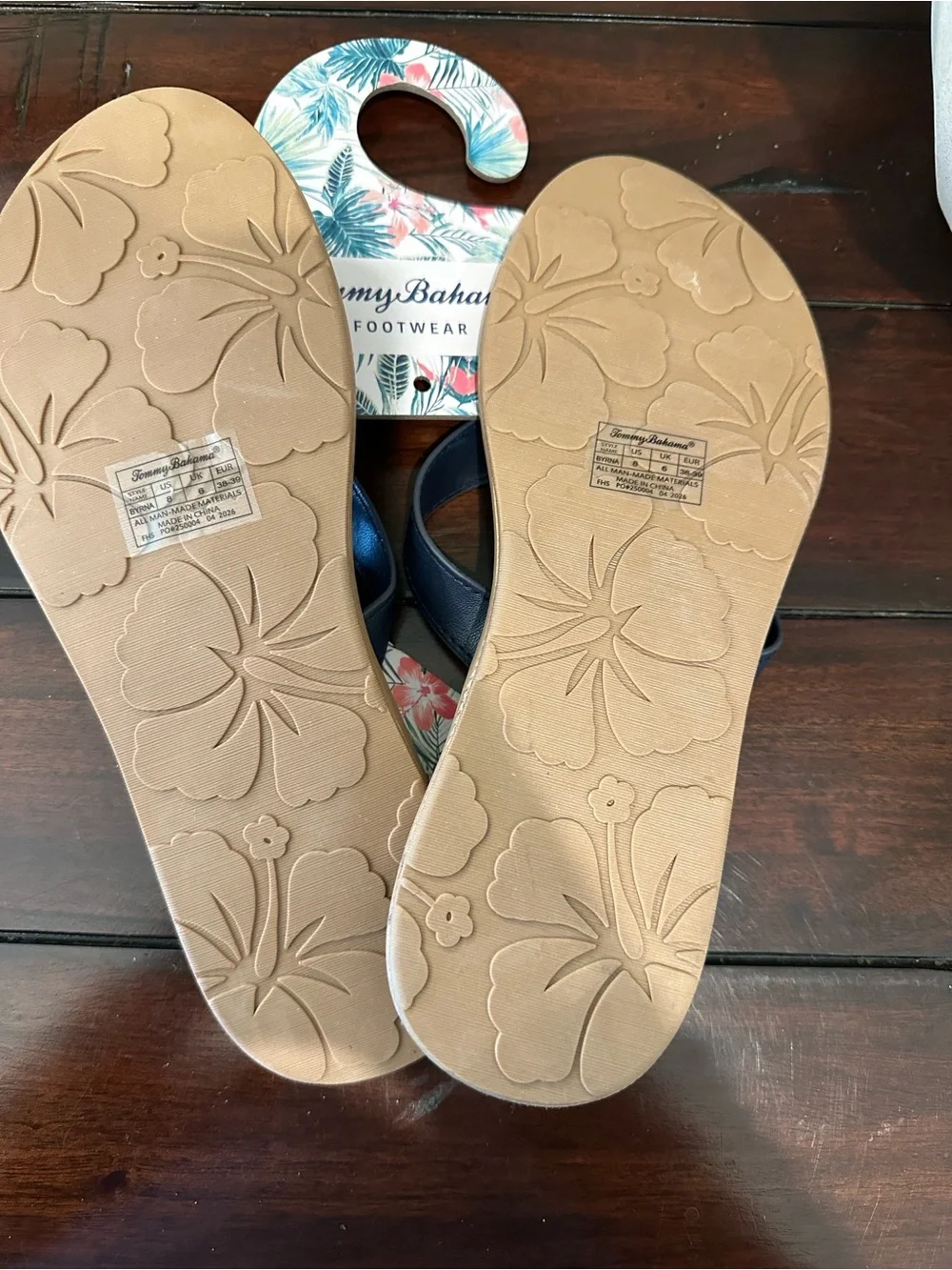 Tommy Bahama Navy Strap Tan Footbed Floral-Embossed Flip Flops